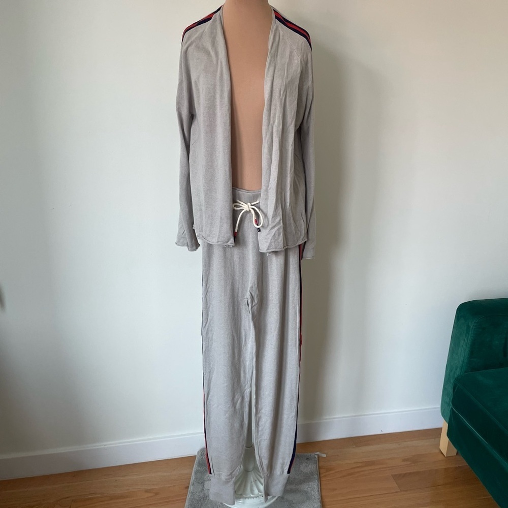 Current Air Two Piece Wool Blend Side Stripe Jogger Cardigan Gray Lounge Set S